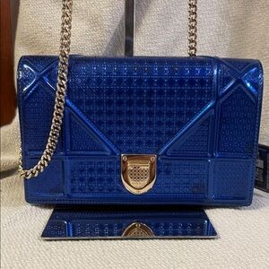 Authentic Dior Diorama Wallet on Chain Metallic Blue Shoulder Bag with COA
